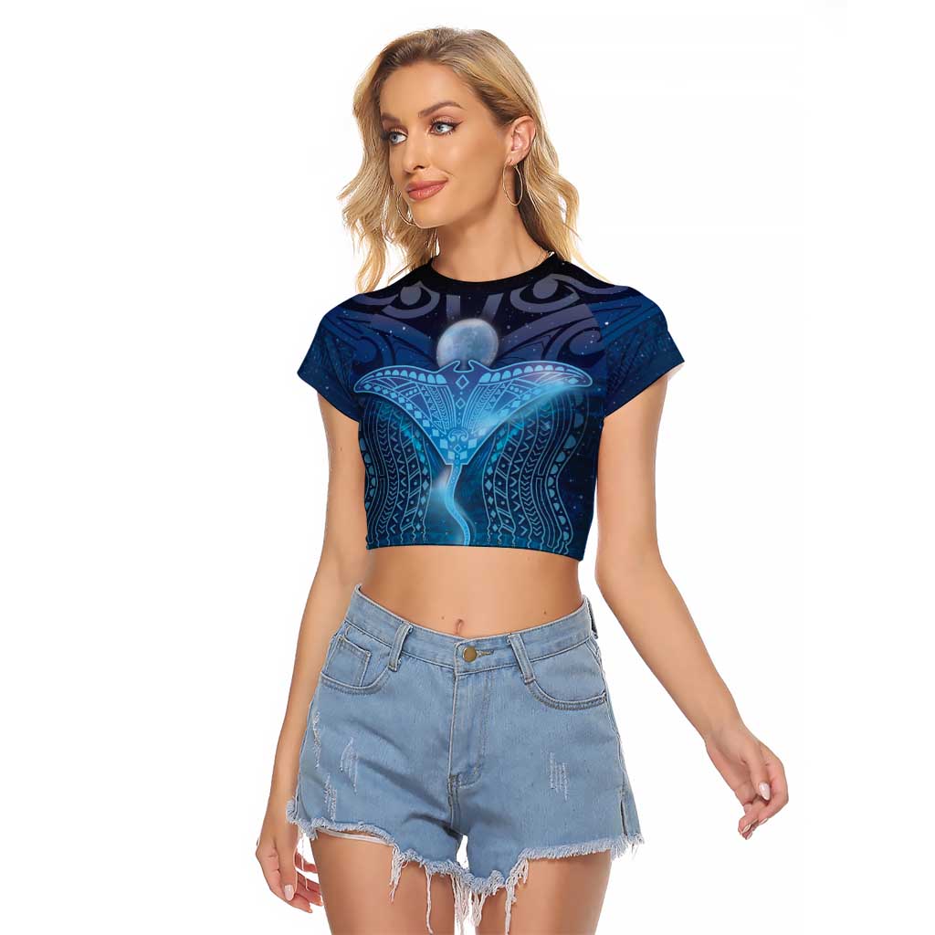 Polynesia Manta Ray Raglan Cropped T Shirt Let's The Sea Set You Free LT05 Female Blue - Polynesian Pride