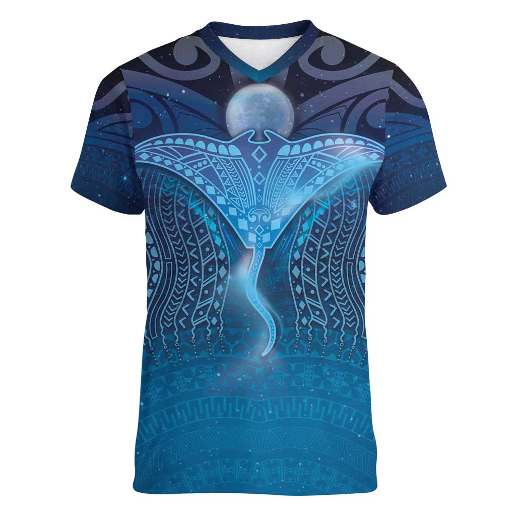 Polynesia Manta Ray Women V-Neck T-Shirt Let's The Sea Set You Free LT05 Female Blue - Polynesian Pride