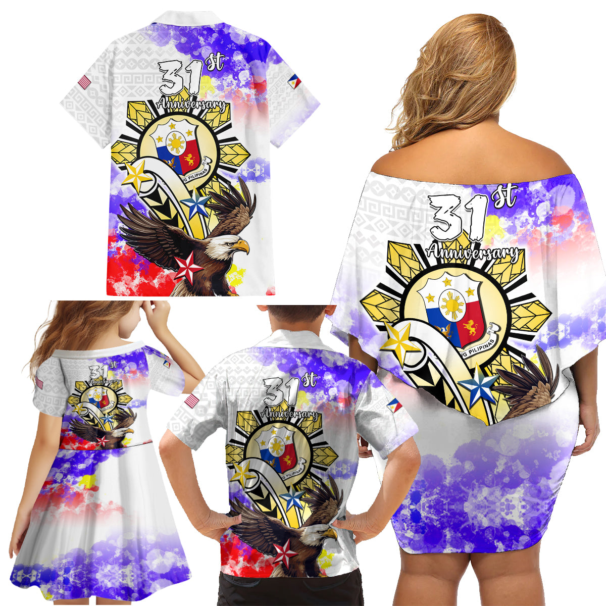 Filipino American History Month Family Matching Off Shoulder Short Dress and Hawaiian Shirt The Eight-Rayed Sun Flags With Bald Eagle LT05 - Polynesian Pride