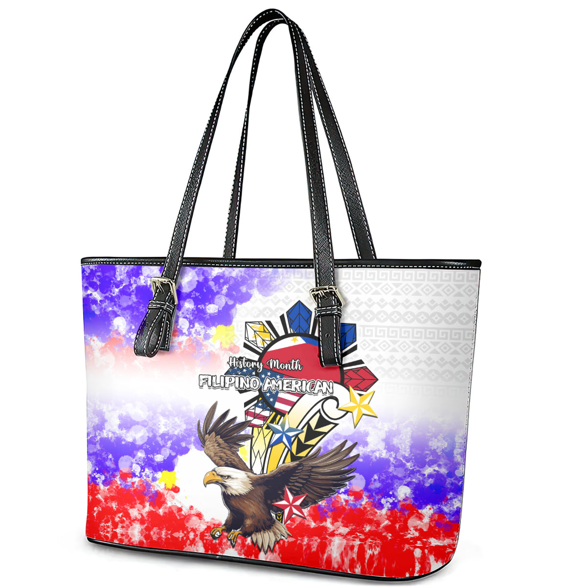 Filipino American History Month Leather Tote Bag The Eight-Rayed Sun Flags With Bald Eagle LT05 - Polynesian Pride