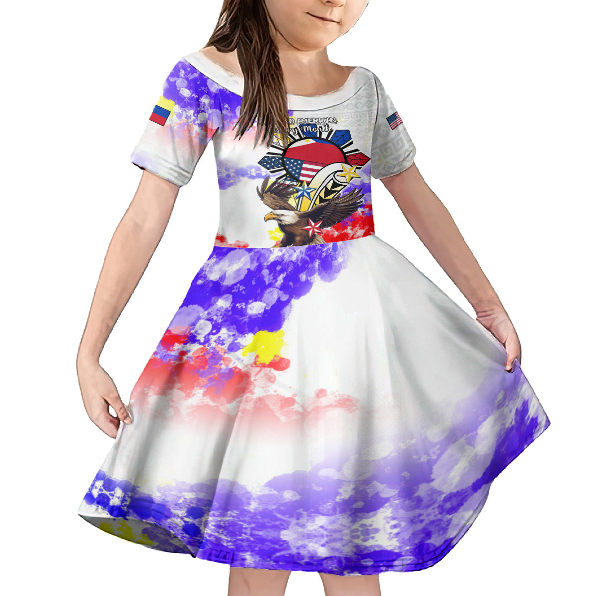 Personalized Filipino American History Month Family Matching Off Shoulder Short Dress and Hawaiian Shirt The Eight-Rayed Sun Flags With Bald Eagle LT05 Daughter's Dress White - Polynesian Pride