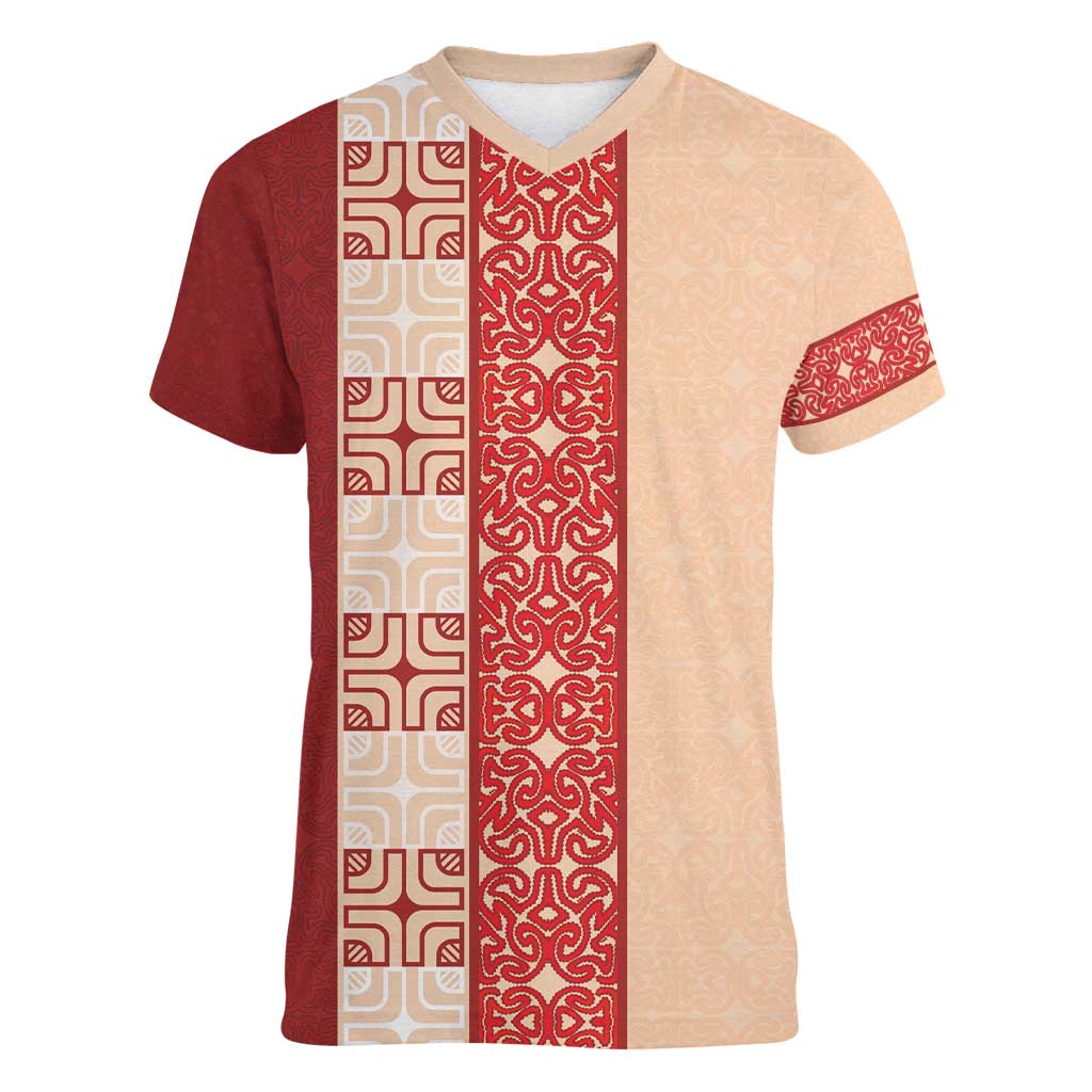 Papua New Guinea Women V-Neck T-Shirt Oro Tapa Pattern