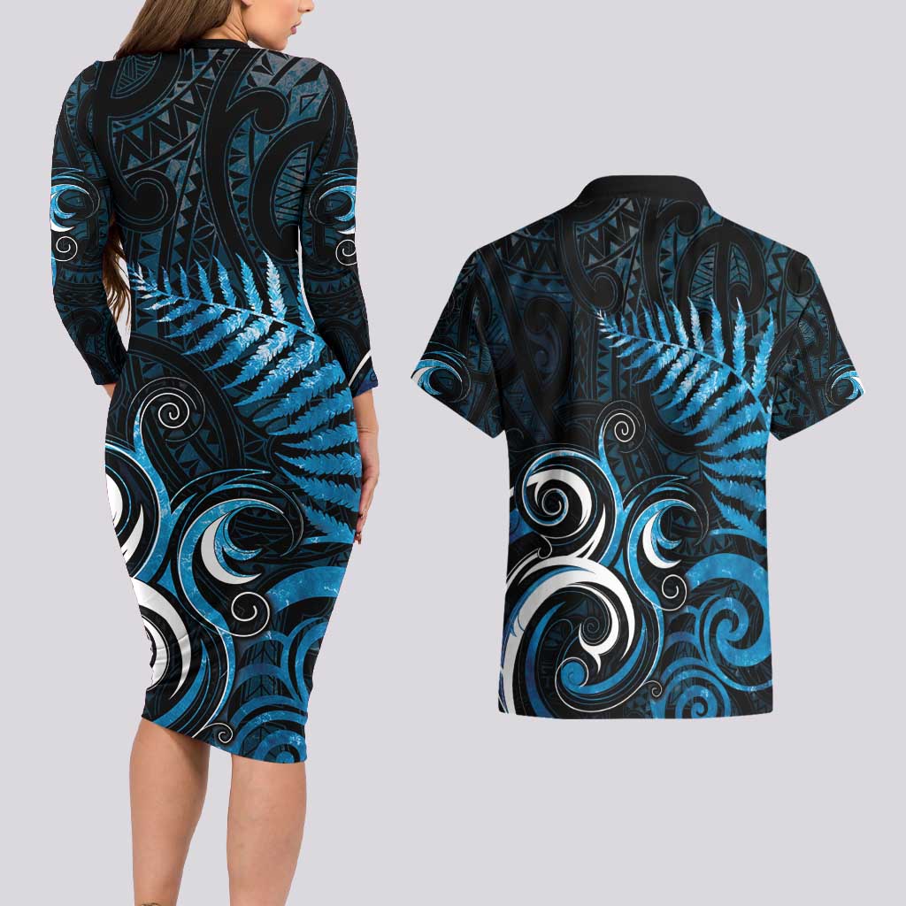 New Zealand Sea Week Couples Matching Long Sleeve Bodycon Dress and Hawaiian Shirt Maori Wave Pattern Ocean Blue LT05 - Polynesian Pride