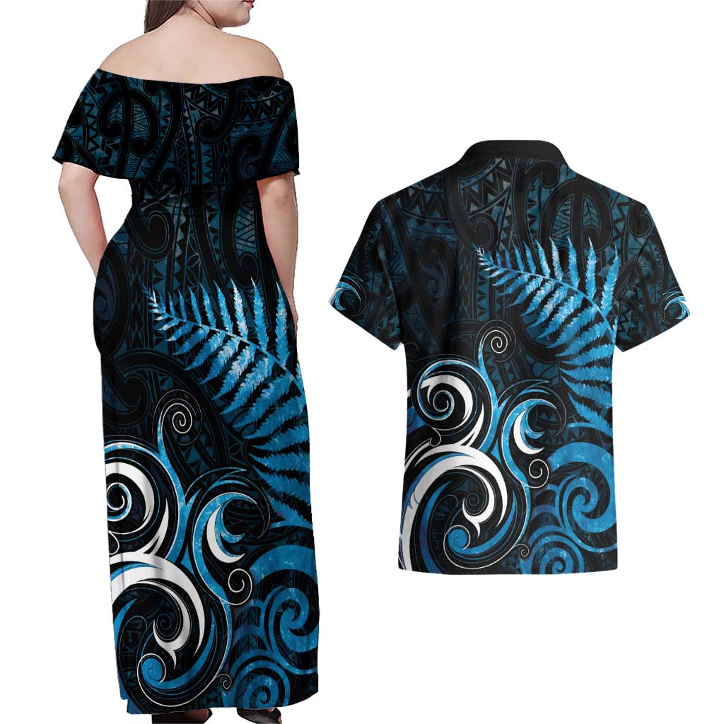 New Zealand Sea Week Couples Matching Off Shoulder Maxi Dress and Hawaiian Shirt Maori Wave Pattern Ocean Blue LT05 - Polynesian Pride