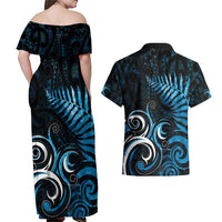 New Zealand Sea Week Couples Matching Off Shoulder Maxi Dress and Hawaiian Shirt Maori Wave Pattern Ocean Blue LT05 - Polynesian Pride