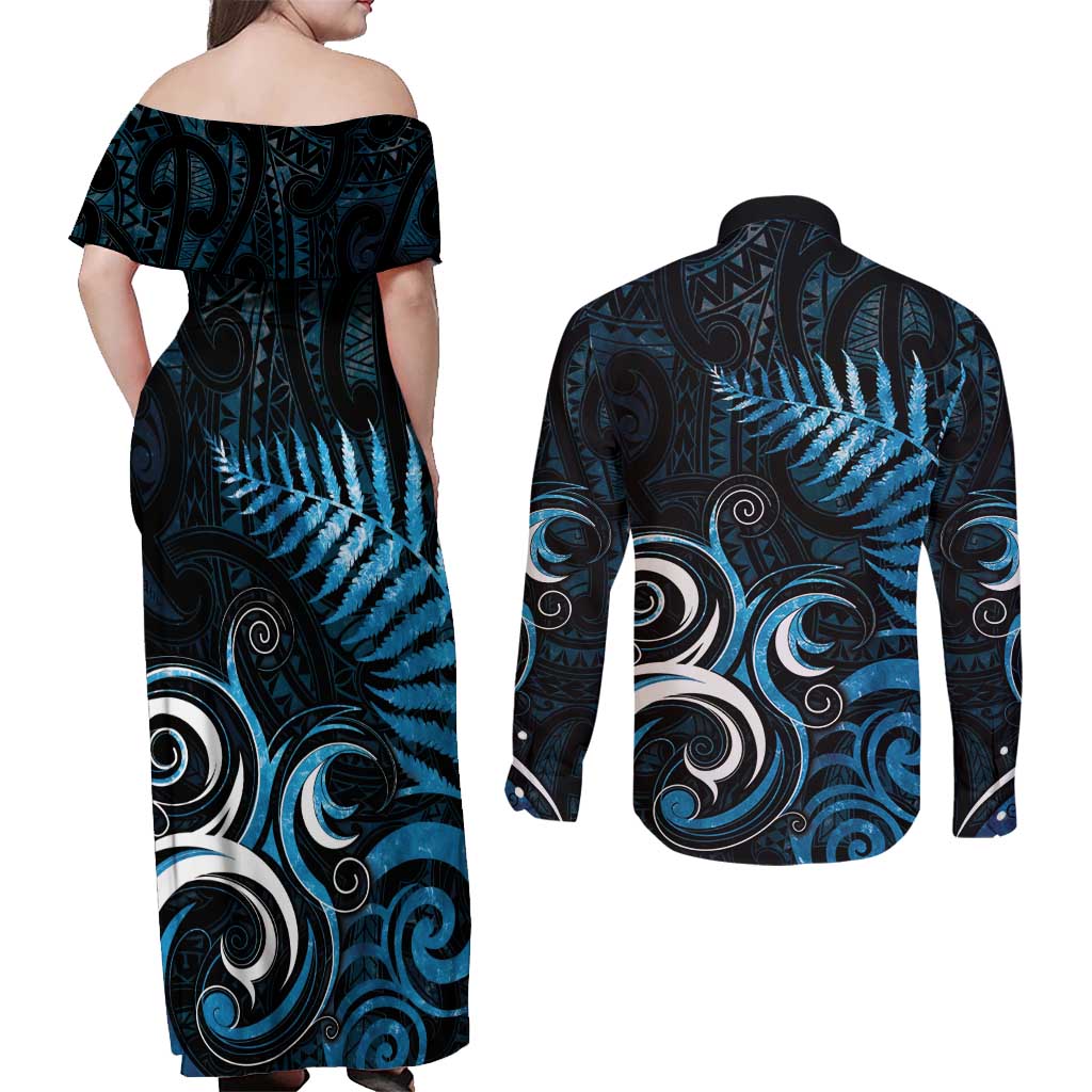 New Zealand Sea Week Couples Matching Off Shoulder Maxi Dress and Long Sleeve Button Shirt Maori Wave Pattern Ocean Blue LT05 - Polynesian Pride