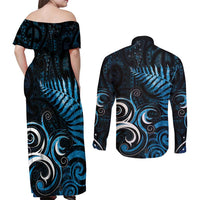 New Zealand Sea Week Couples Matching Off Shoulder Maxi Dress and Long Sleeve Button Shirt Maori Wave Pattern Ocean Blue LT05 - Polynesian Pride
