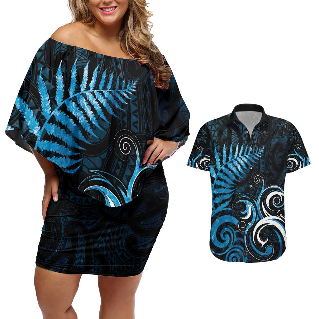 New Zealand Sea Week Couples Matching Off Shoulder Short Dress and Hawaiian Shirt Maori Wave Pattern Ocean Blue LT05 Blue - Polynesian Pride