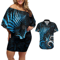 New Zealand Sea Week Couples Matching Off Shoulder Short Dress and Hawaiian Shirt Maori Wave Pattern Ocean Blue LT05 Blue - Polynesian Pride