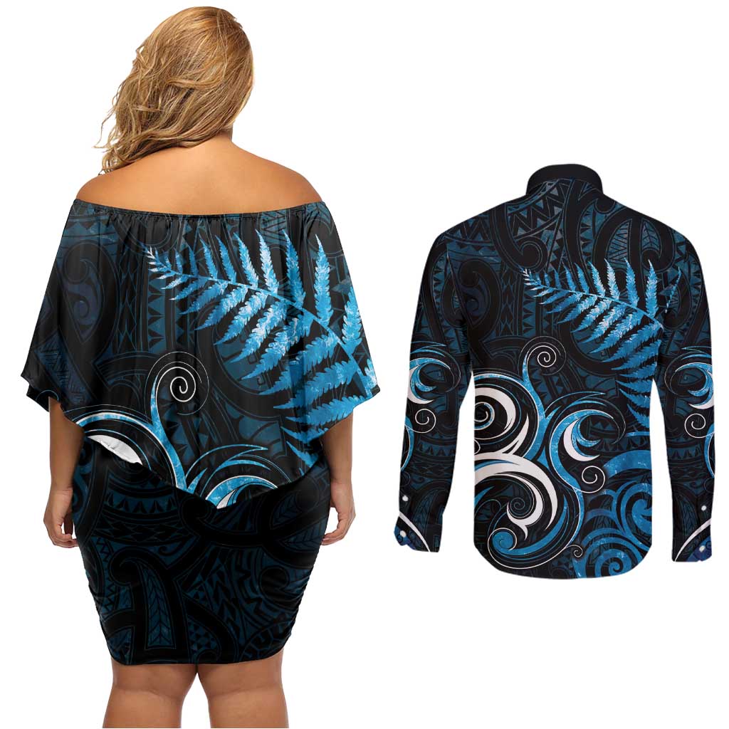 New Zealand Sea Week Couples Matching Off Shoulder Short Dress and Long Sleeve Button Shirt Maori Wave Pattern Ocean Blue LT05 - Polynesian Pride