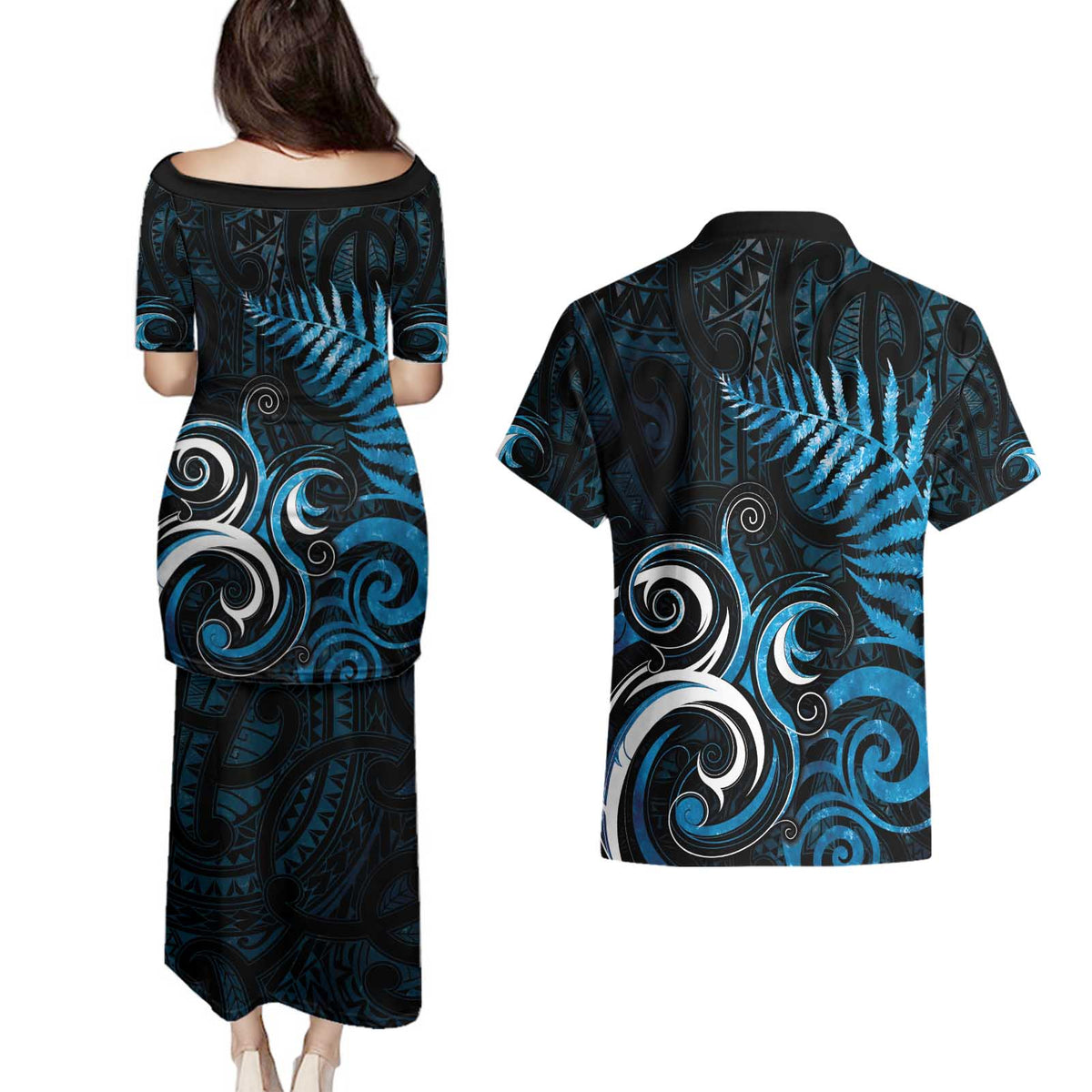 New Zealand Sea Week Couples Matching Puletasi and Hawaiian Shirt Maori Wave Pattern Ocean Blue LT05 - Polynesian Pride