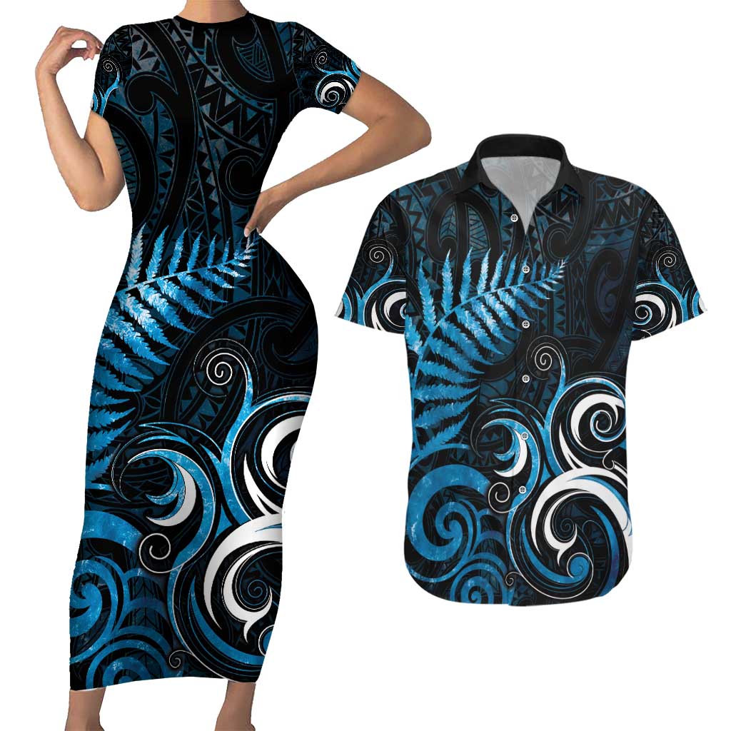New Zealand Sea Week Couples Matching Short Sleeve Bodycon Dress and Hawaiian Shirt Maori Wave Pattern Ocean Blue LT05 Blue - Polynesian Pride