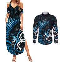 New Zealand Sea Week Couples Matching Summer Maxi Dress and Long Sleeve Button Shirt Maori Wave Pattern Ocean Blue LT05 Blue - Polynesian Pride
