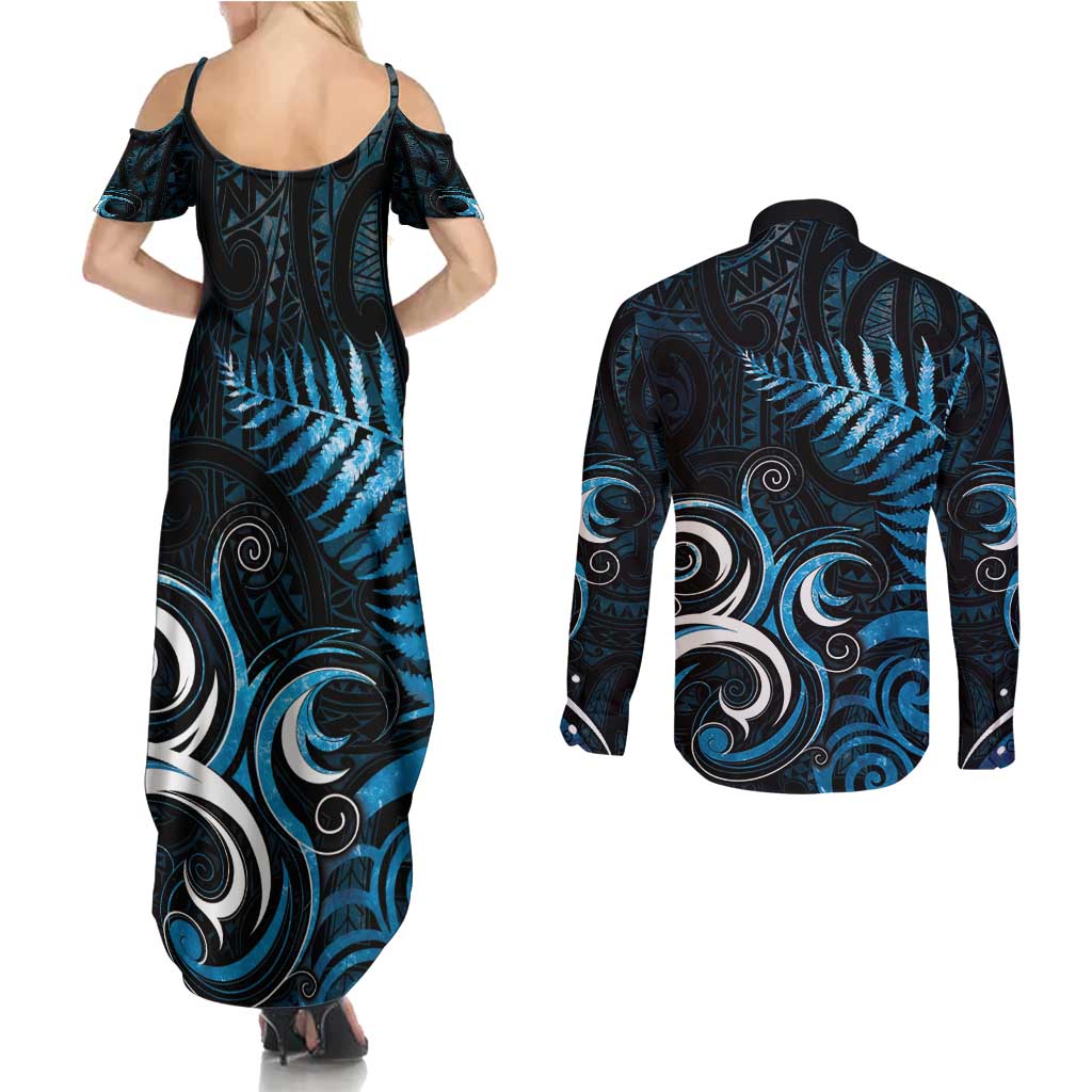 New Zealand Sea Week Couples Matching Summer Maxi Dress and Long Sleeve Button Shirt Maori Wave Pattern Ocean Blue LT05 - Polynesian Pride