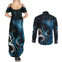 New Zealand Sea Week Couples Matching Summer Maxi Dress and Long Sleeve Button Shirt Maori Wave Pattern Ocean Blue LT05 - Polynesian Pride