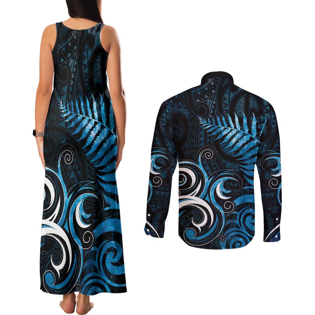 New Zealand Sea Week Couples Matching Tank Maxi Dress and Long Sleeve Button Shirt Maori Wave Pattern Ocean Blue LT05 - Polynesian Pride