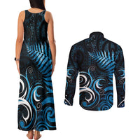 New Zealand Sea Week Couples Matching Tank Maxi Dress and Long Sleeve Button Shirt Maori Wave Pattern Ocean Blue LT05 - Polynesian Pride