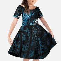 New Zealand Sea Week Family Matching Long Sleeve Bodycon Dress and Hawaiian Shirt Maori Wave Pattern Ocean Blue LT05 Daughter's Dress Blue - Polynesian Pride