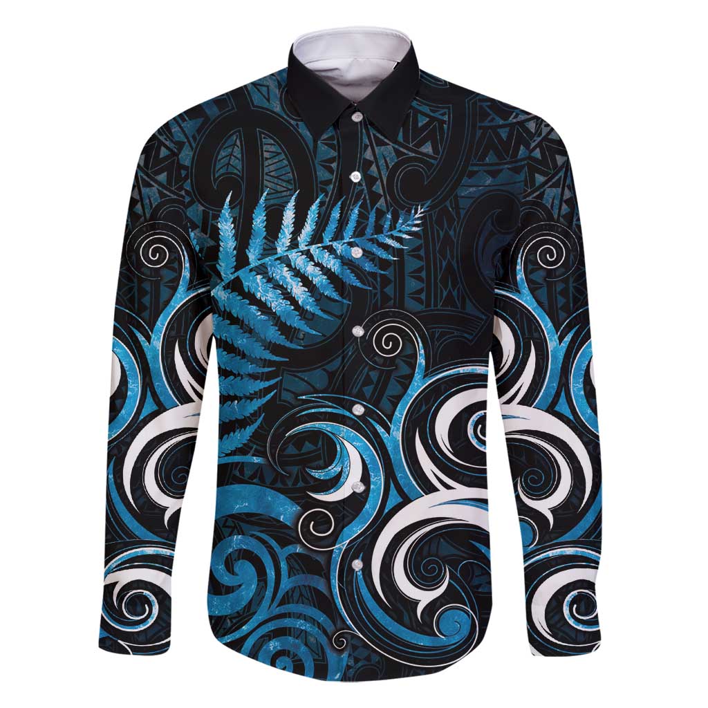 New Zealand Sea Week Family Matching Off Shoulder Short Dress and Hawaiian Shirt Maori Wave Pattern Ocean Blue LT05 Dad's Shirt - Long Sleeve Blue - Polynesian Pride