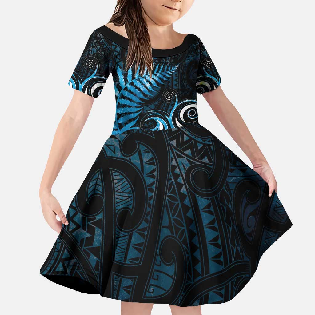 New Zealand Sea Week Family Matching Short Sleeve Bodycon Dress and Hawaiian Shirt Maori Wave Pattern Ocean Blue LT05 Daughter's Dress Blue - Polynesian Pride