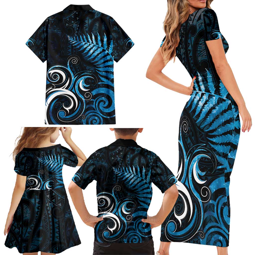 New Zealand Sea Week Family Matching Short Sleeve Bodycon Dress and Hawaiian Shirt Maori Wave Pattern Ocean Blue LT05 - Polynesian Pride