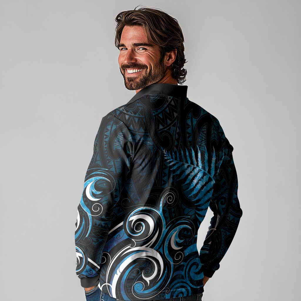 New Zealand Sea Week Long Sleeve Polo Shirt Maori Wave Pattern Ocean Blue