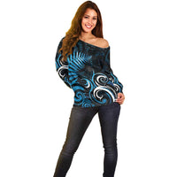 New Zealand Sea Week Off Shoulder Sweater Maori Wave Pattern Ocean Blue LT05 - Polynesian Pride