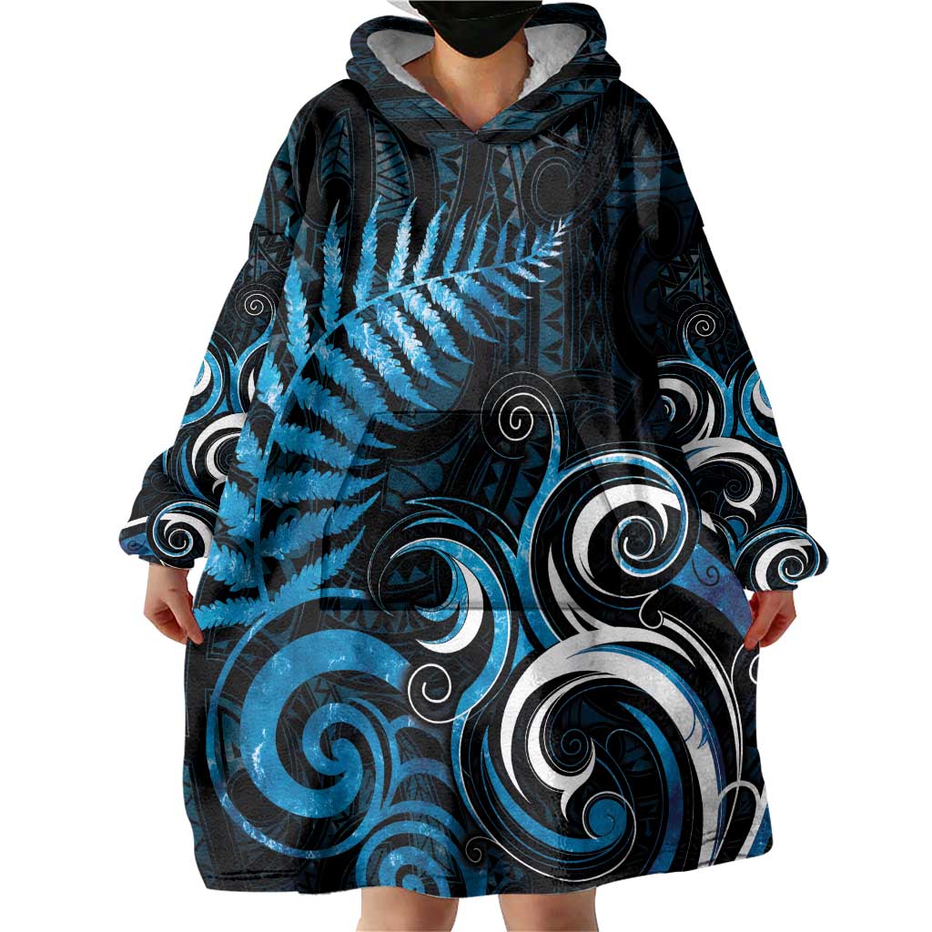 New Zealand Sea Week Wearable Blanket Hoodie Maori Wave Pattern Ocean Blue