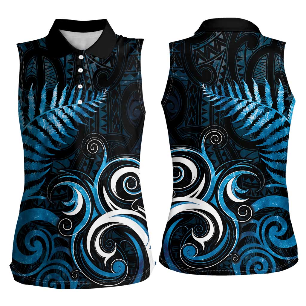 New Zealand Sea Week Women Sleeveless Polo Shirt Maori Wave Pattern Ocean Blue
