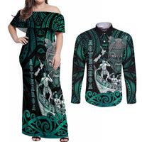 Personalised New Zealand Waka Racing Couples Matching Off Shoulder Maxi Dress and Long Sleeve Button Shirt Maori Warriors LT05 Green - Polynesian Pride