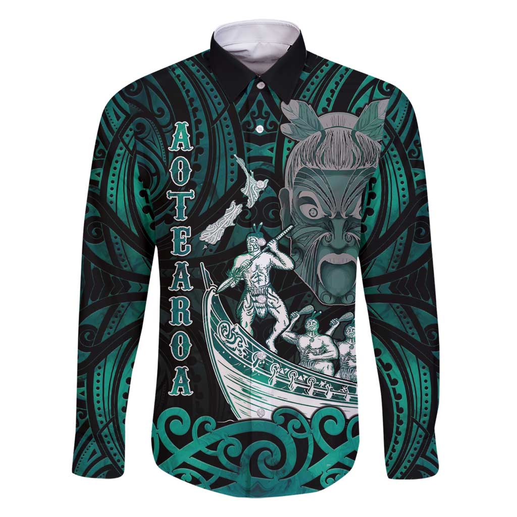Personalised New Zealand Waka Racing Family Matching Mermaid Dress and Hawaiian Shirt Maori Warriors LT05 Dad's Shirt - Long Sleeve Green - Polynesian Pride