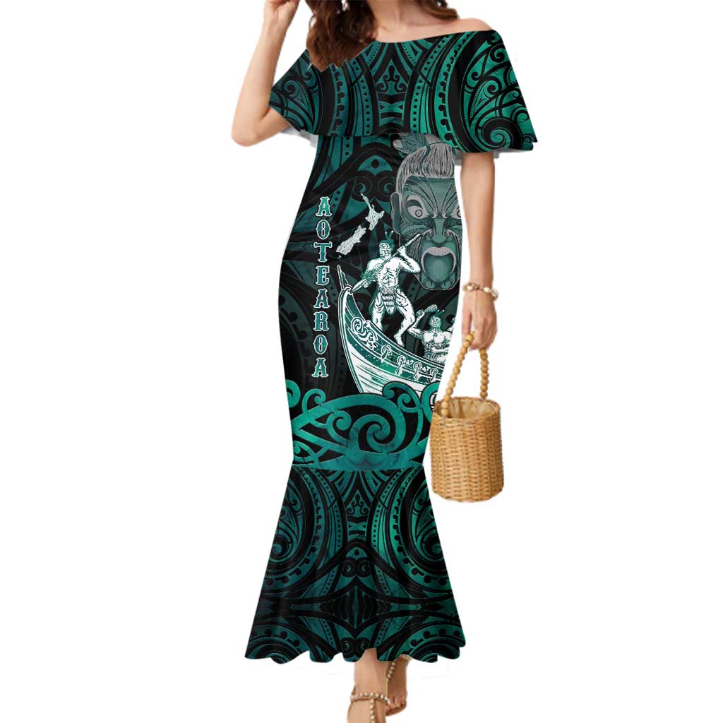 Personalised New Zealand Waka Racing Family Matching Mermaid Dress and Hawaiian Shirt Maori Warriors LT05 Mom's Dress Green - Polynesian Pride