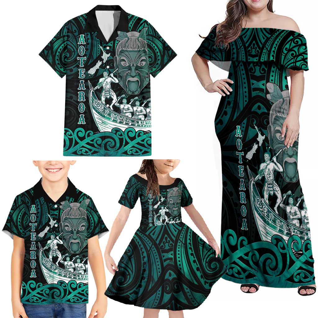 Personalised New Zealand Waka Racing Family Matching Off Shoulder Maxi Dress and Hawaiian Shirt Maori Warriors LT05 - Polynesian Pride
