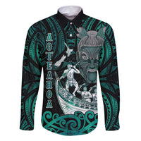 Personalised New Zealand Waka Racing Family Matching Off Shoulder Maxi Dress and Hawaiian Shirt Maori Warriors LT05 Dad's Shirt - Long Sleeve Green - Polynesian Pride