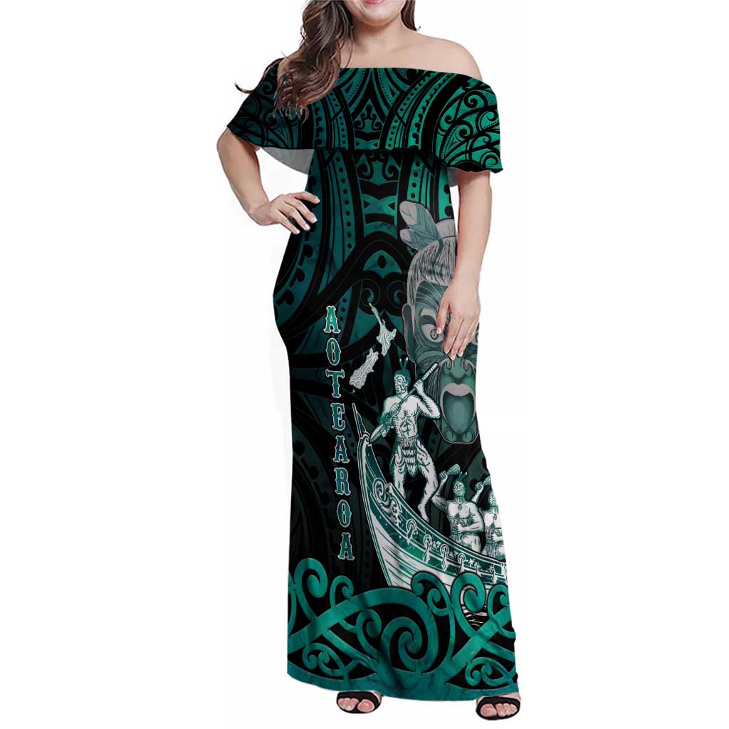 Personalised New Zealand Waka Racing Family Matching Off Shoulder Maxi Dress and Hawaiian Shirt Maori Warriors LT05 Mom's Dress Green - Polynesian Pride