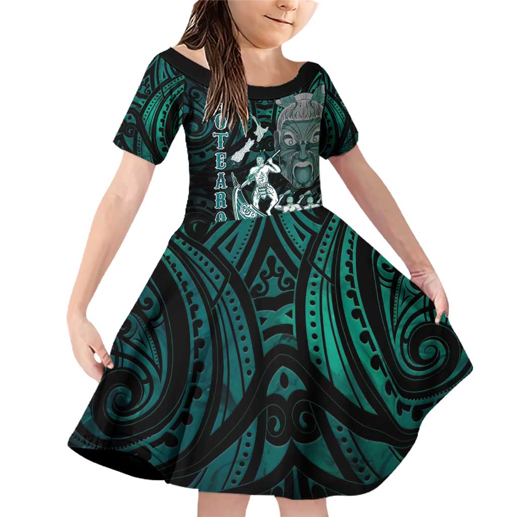 Personalised New Zealand Waka Racing Family Matching Off Shoulder Short Dress and Hawaiian Shirt Maori Warriors LT05 Daughter's Dress Green - Polynesian Pride