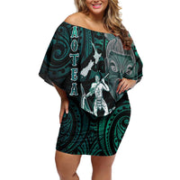 Personalised New Zealand Waka Racing Family Matching Off Shoulder Short Dress and Hawaiian Shirt Maori Warriors LT05 Mom's Dress Green - Polynesian Pride