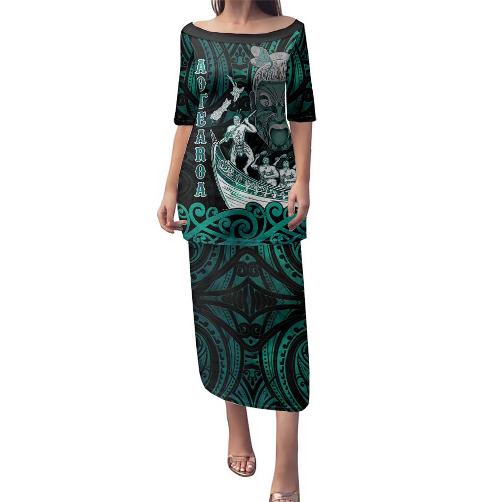 Personalised New Zealand Waka Racing Family Matching Puletasi and Hawaiian Shirt Maori Warriors LT05 Mom's Dress Green - Polynesian Pride