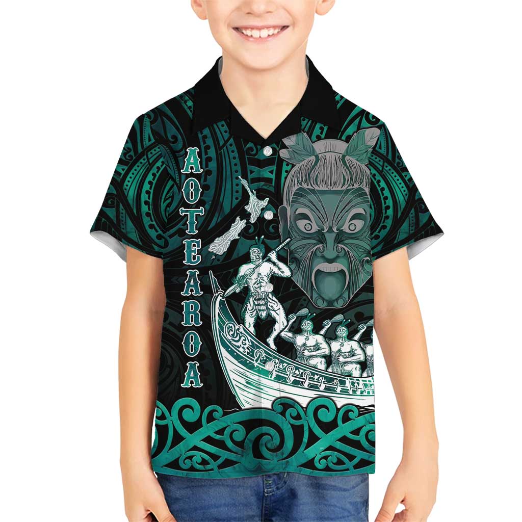 Personalised New Zealand Waka Racing Family Matching Puletasi and Hawaiian Shirt Maori Warriors LT05 Son's Shirt Green - Polynesian Pride