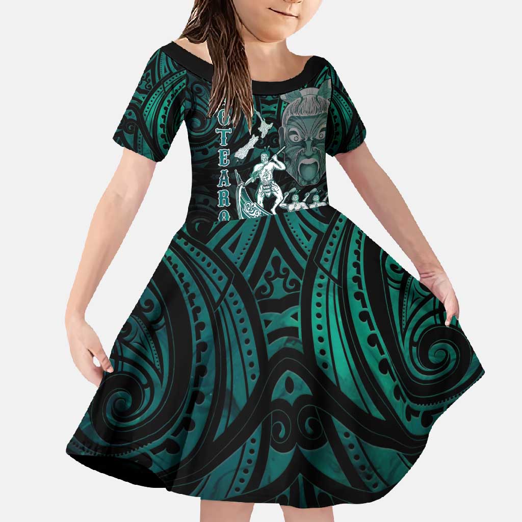 Personalised New Zealand Waka Racing Family Matching Tank Maxi Dress and Hawaiian Shirt Maori Warriors LT05 Daughter's Dress Green - Polynesian Pride