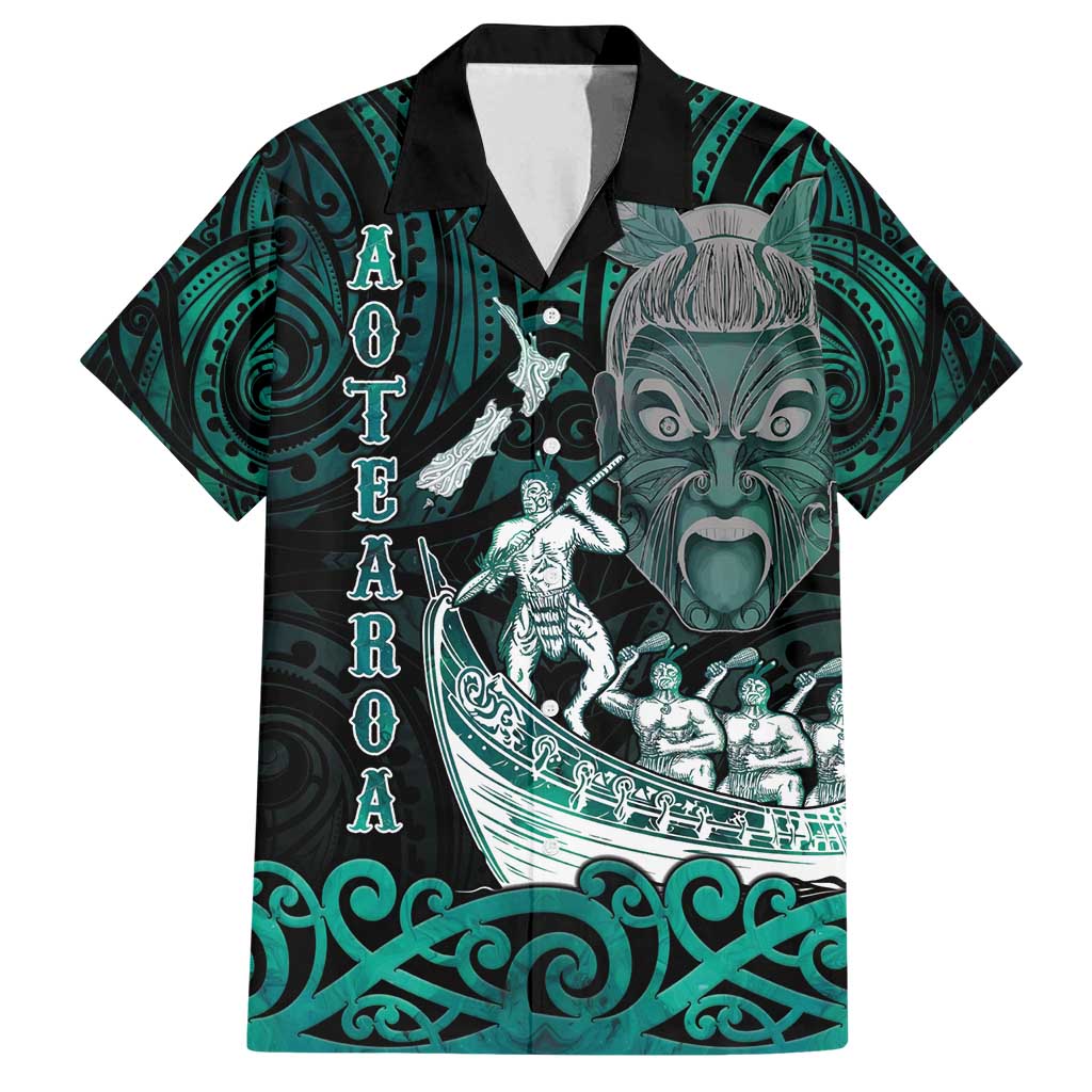 Personalised New Zealand Waka Racing Family Matching Tank Maxi Dress and Hawaiian Shirt Maori Warriors LT05 Dad's Shirt - Short Sleeve Green - Polynesian Pride