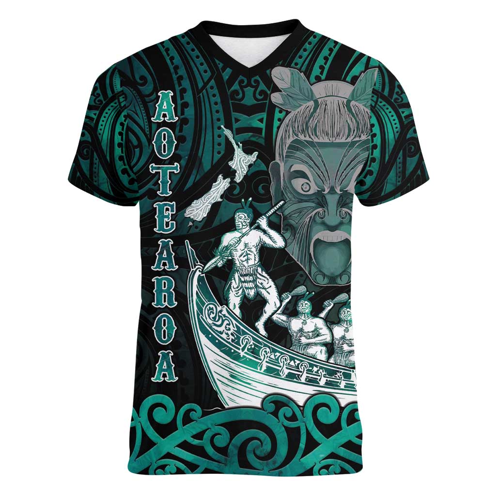Personalised New Zealand Waka Racing Women V-Neck T-Shirt Maori Warriors LT05 Female Green - Polynesian Pride