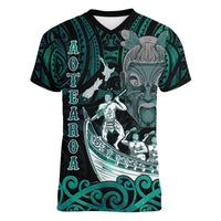 Personalised New Zealand Waka Racing Women V-Neck T-Shirt Maori Warriors LT05 Female Green - Polynesian Pride