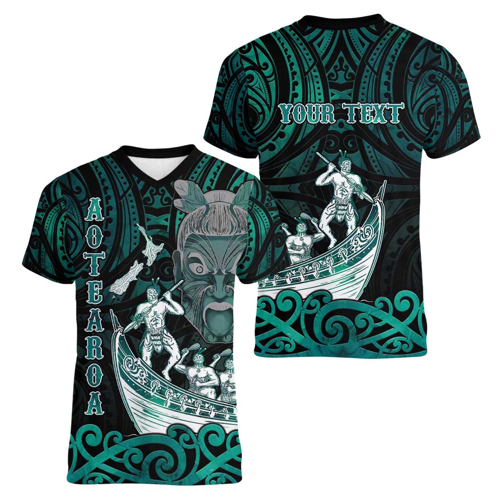 Personalised New Zealand Waka Racing Women V-Neck T-Shirt Maori Warriors LT05 - Polynesian Pride