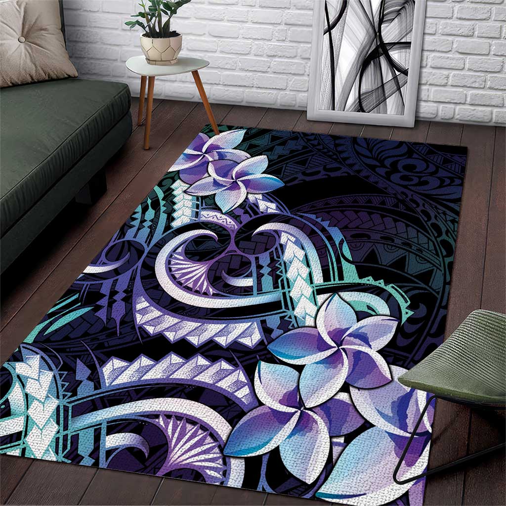 Polynesian Art Tattoo Area Rug Plumeria Flowers Turquoise Gradient