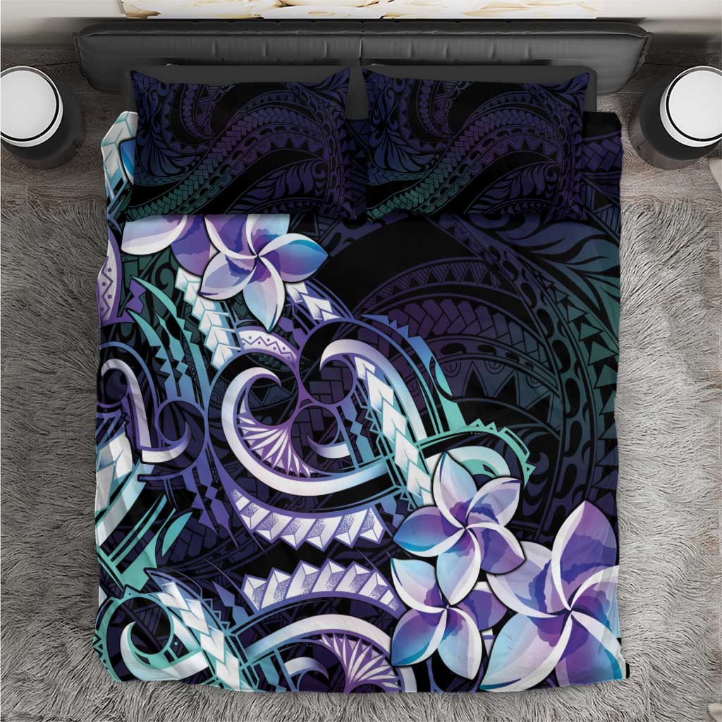 Polynesian Art Tattoo Bedding Set Plumeria Flowers Turquoise Gradient