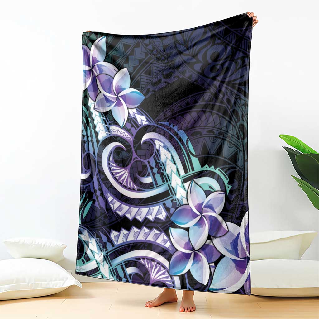 Polynesian Art Tattoo Blanket Plumeria Flowers Turquoise Gradient