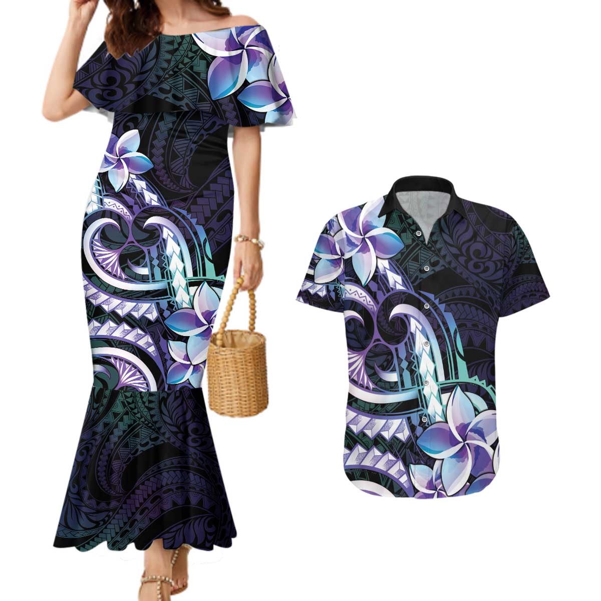 Polynesian Art Tattoo Couples Matching Mermaid Dress and Hawaiian Shirt Plumeria Flowers Turquoise Gradient LT05 Turquoise - Polynesian Pride