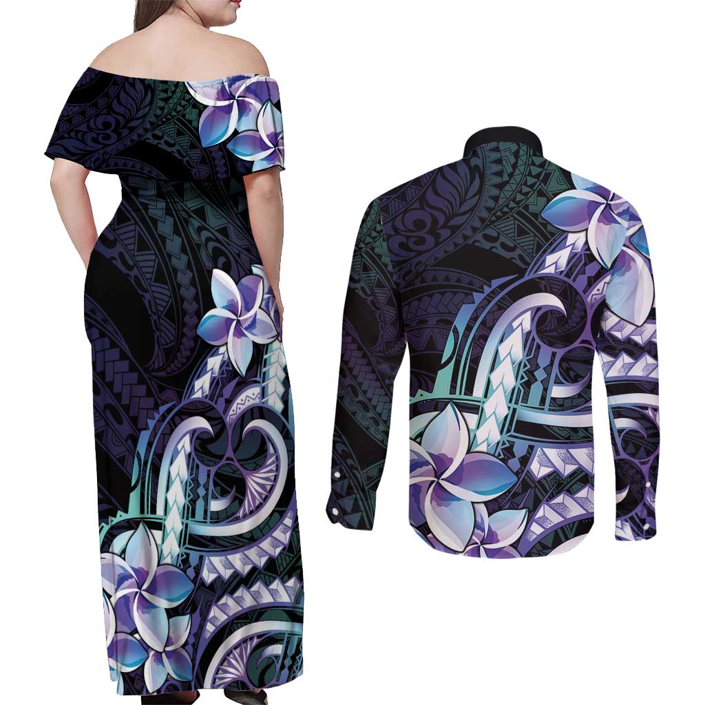 Polynesian Art Tattoo Couples Matching Off Shoulder Maxi Dress and Long Sleeve Button Shirt Plumeria Flowers Turquoise Gradient LT05 - Polynesian Pride