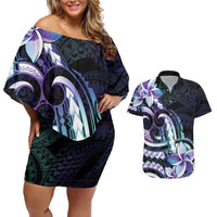 Polynesian Art Tattoo Couples Matching Off Shoulder Short Dress and Hawaiian Shirt Plumeria Flowers Turquoise Gradient LT05 Turquoise - Polynesian Pride